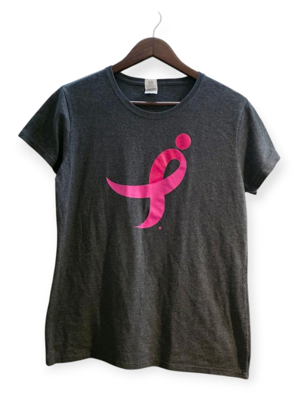 Gildan Hot Pink Breast Cancer Awareness Glitter Graphic Charcoal Grey T-Shirt L